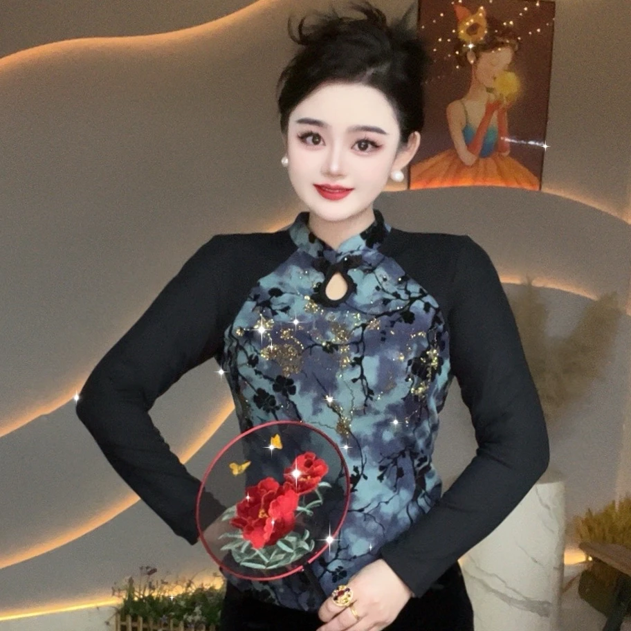 【断码破价】复古新中式时尚烫钻水墨丹青加绒洋气长袖打底衫女8273