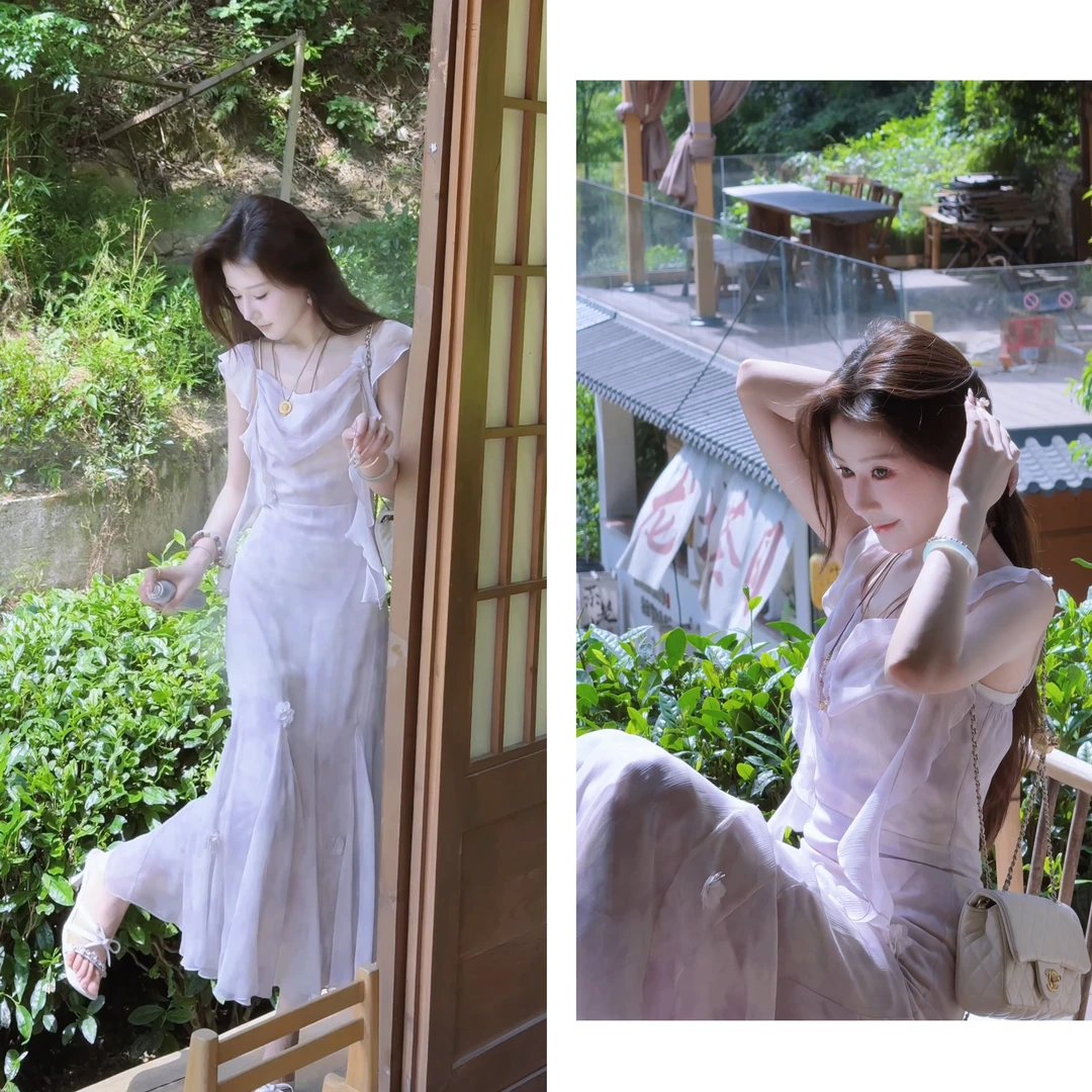 【婷婷】《邂逅•紫萱》七夕限定！夏日温柔荡领荷叶边长裙TTM2SX321