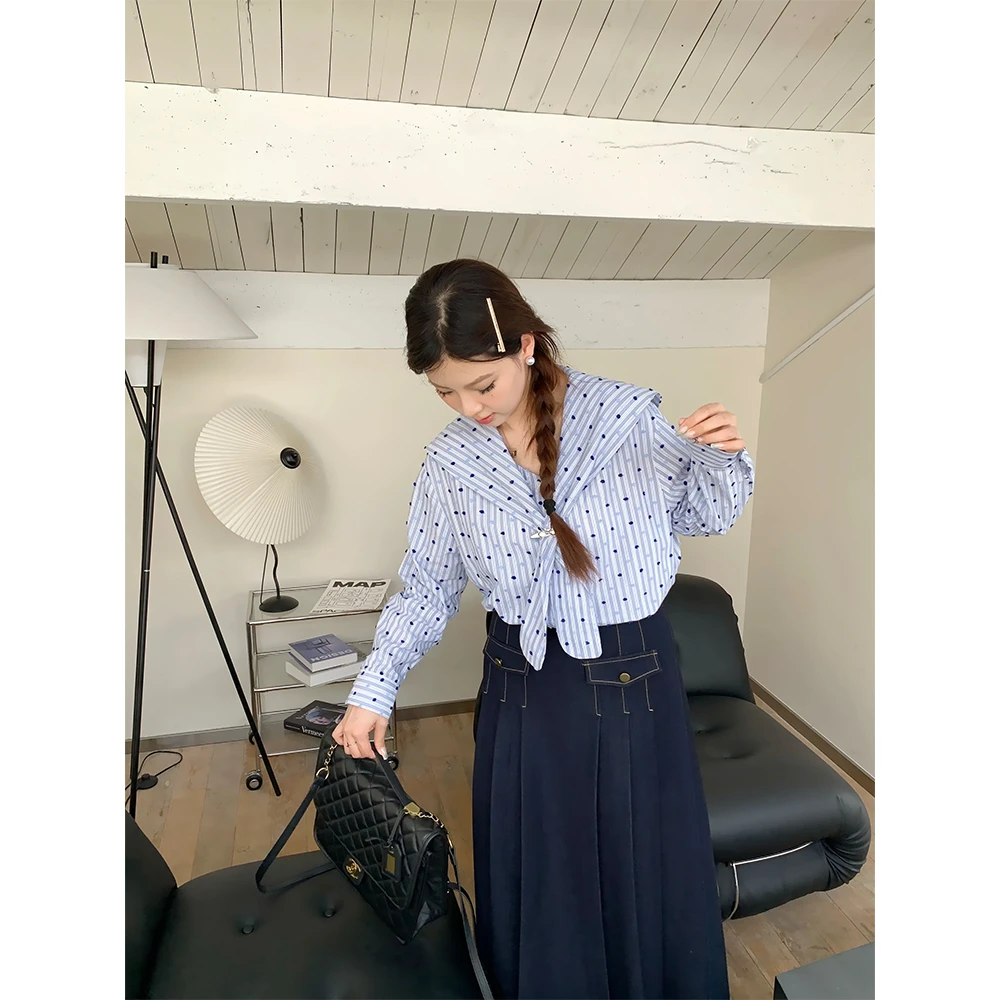 裂渡柚柚【海盐乌托邦】微胖大码海军领撞色波点条纹chic衬衫408A82