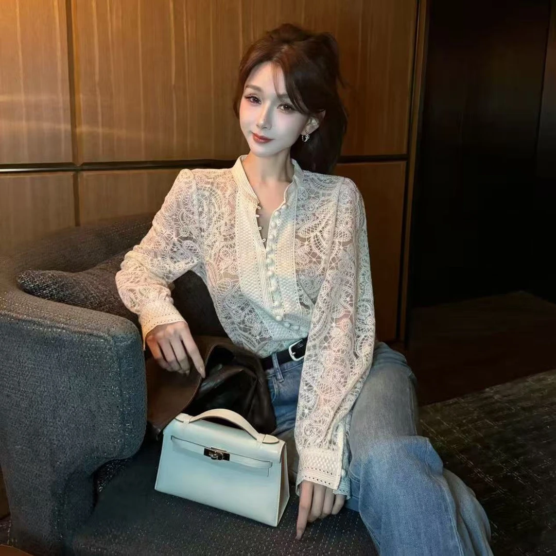 【清韵浮白】白色镂空长袖开衫修身气质蕾丝衫女
