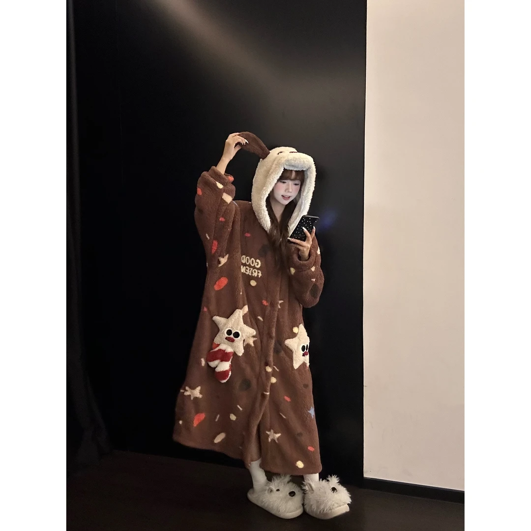 可爱卡通小狗毛绒连帽珊瑚绒睡袍女秋冬新款保暖家居服套装可外穿