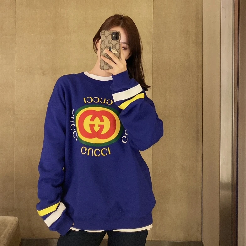 未使用 GUCCI/古驰 字母条纹Logo印花圆领长袖卫衣男女同款