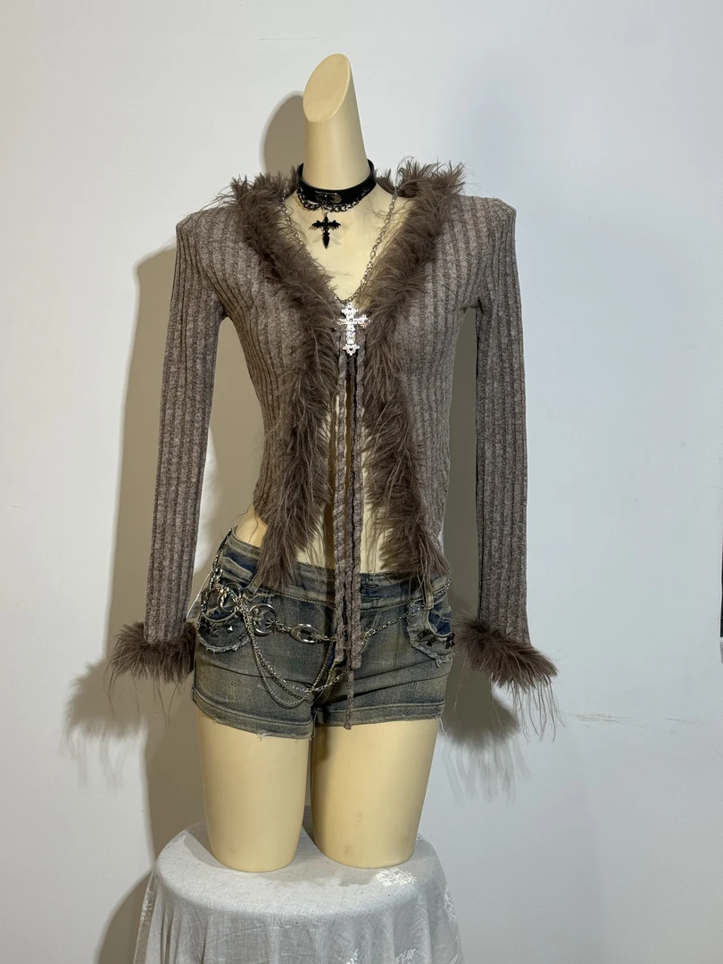 Vintage千禧辣妹Y2K古着毛毛衣秋冬装