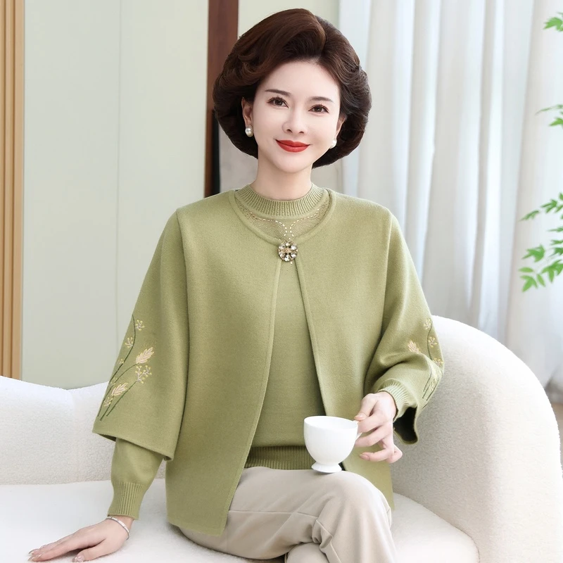 妈妈春装洋气针织衫毛衣外套中年女春秋内搭上衣高贵两件套装9015