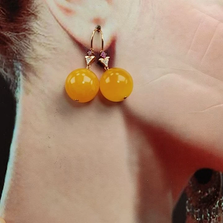 蜜蜡耳饰18K金镶嵌耳环I8K金