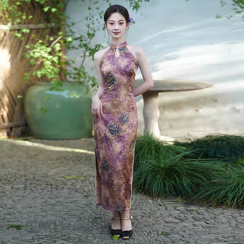紫色旗袍女新中式无袖挂脖日常可穿改良年轻款高端连衣裙2025新款