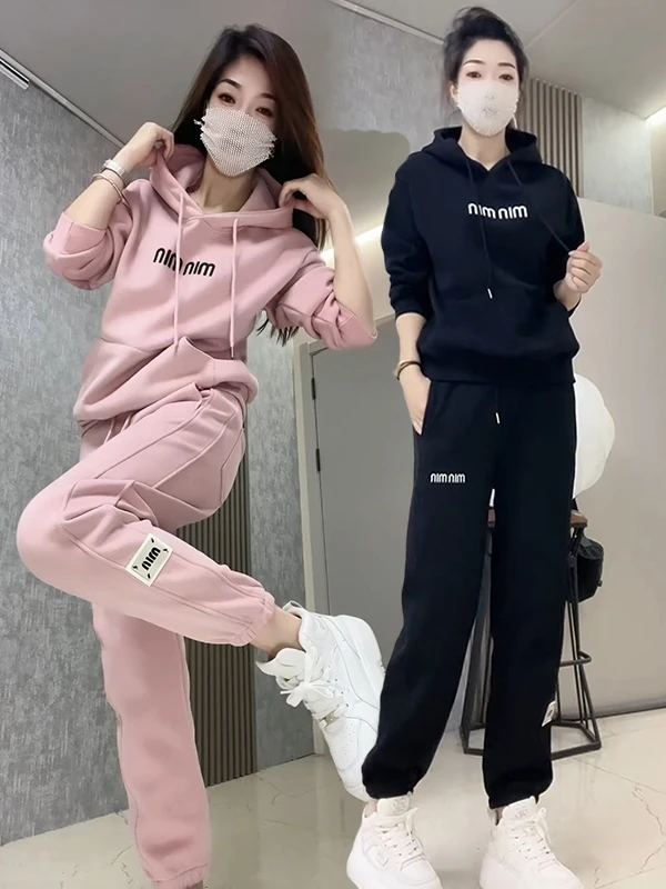 休闲运动套装显瘦加绒加厚刺绣字母减龄秋冬季百搭韩版连帽两件套