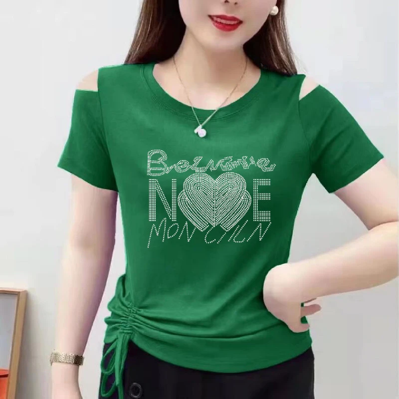 2025夏季新款圆领夏装t恤短袖洋气修身显瘦露肩时尚体恤上衣气质