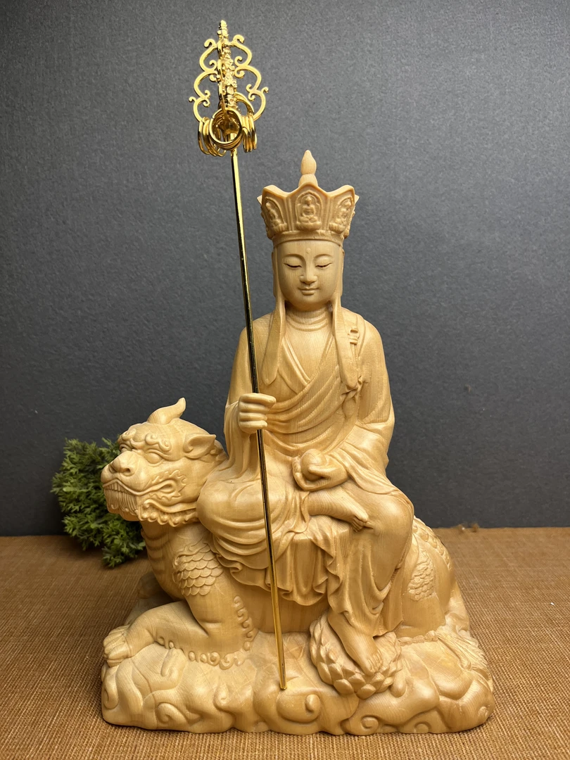 桧木地藏王菩萨谛听菩萨木雕佛像27cm