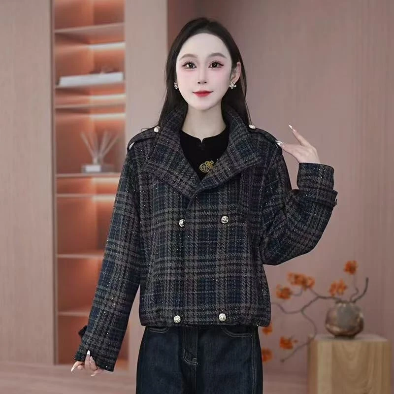 2025年秋季新款时尚气质显瘦百搭短款休闲女士格子外套