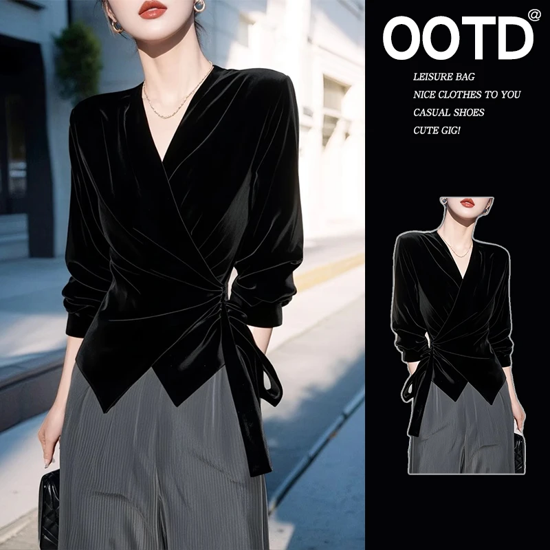 独特别致黑色v领丝绒衬衫女春秋高级设计感小众收腰长袖绝美上衣