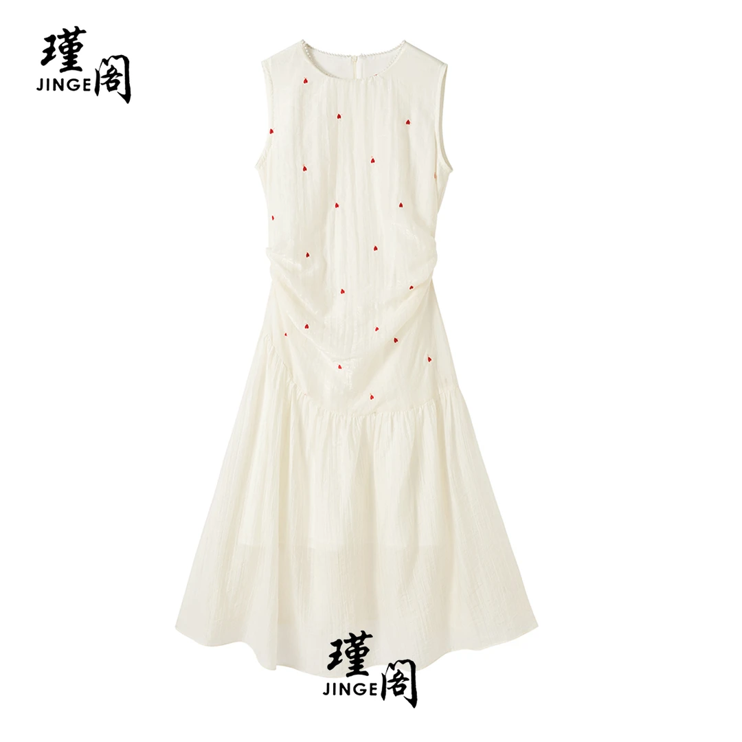 瑾阁刺绣无袖中腰夏季无袖连衣裙气质女士长裙复古风2528