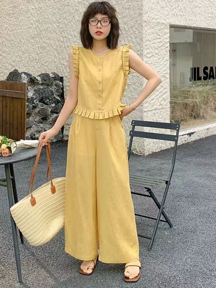 【肉总】时尚圆领无袖上衣阔腿裤两件套5185