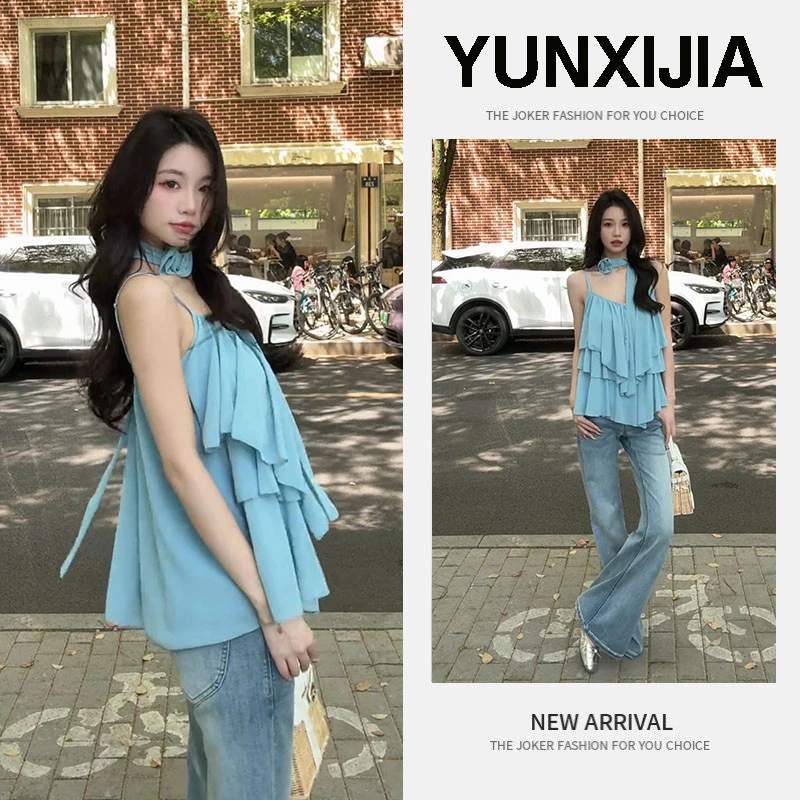 2025夏季新款时尚设计感辣妹纯欲甜辣风百搭上衣牛仔裤两件套