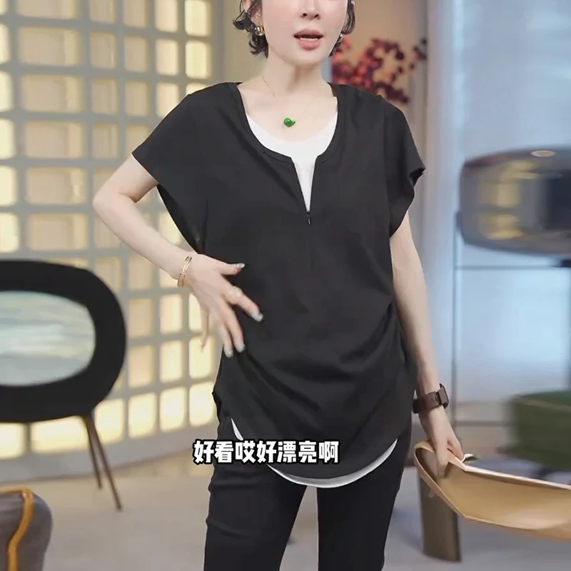 夏季显瘦短袖假两件T恤女款设计感撞色拼接体恤休闲洋气别致上衣