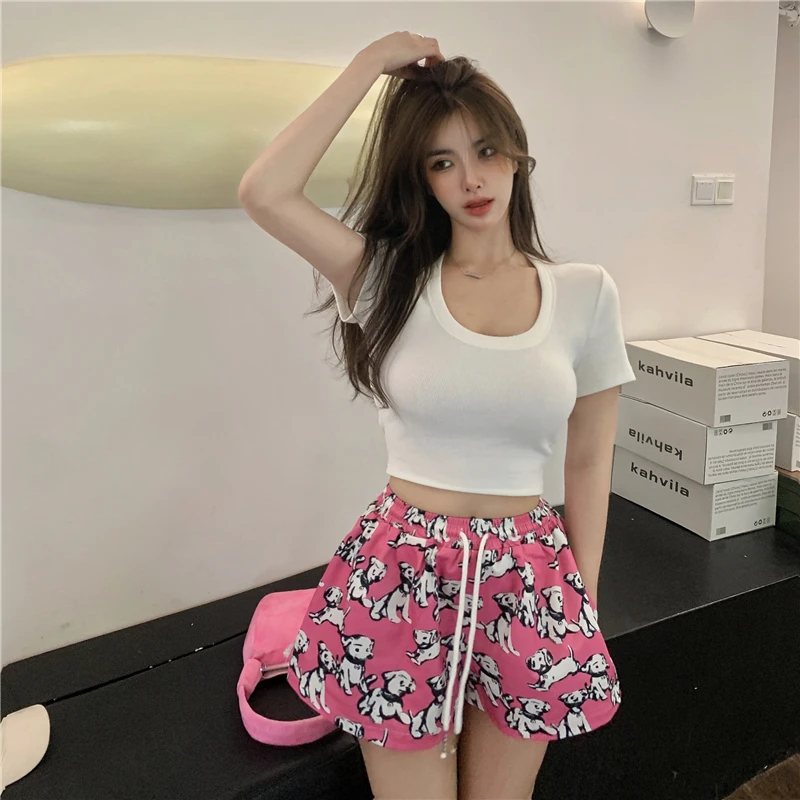 2025夏季新款纯欲辣妹内搭短款上衣+小狗沙滩裤休闲短裤阔腿裤