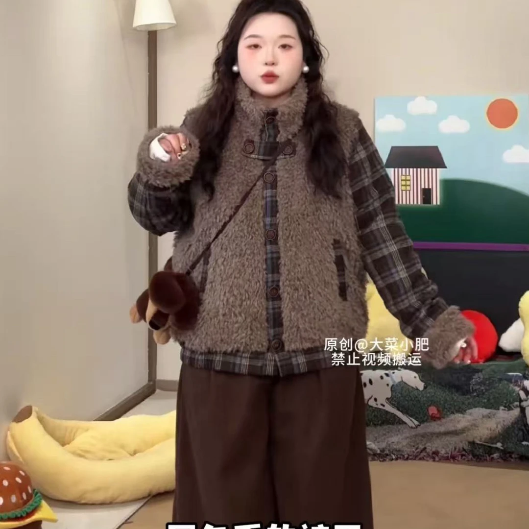 【小肥打版定制】韩版女士毛毛短外套女百搭短外套网红格纹冬5588