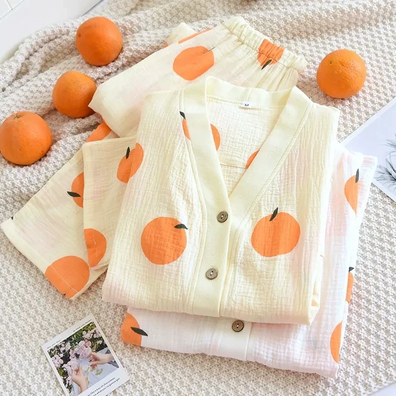 【V领心想事橙】6A级纯棉双层棉纱春秋长袖长裤套装睡衣家居服舒适