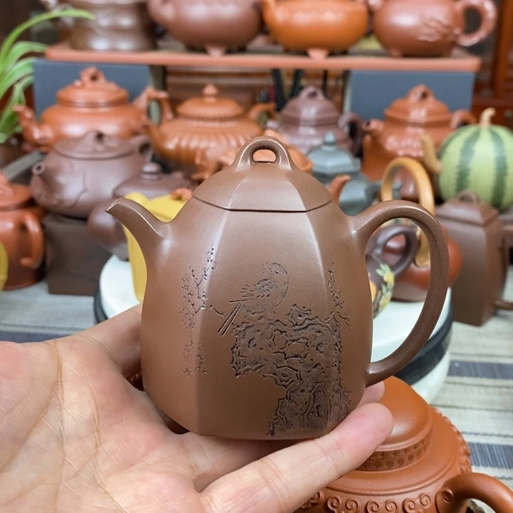 紫砂茶壶六方秦权180cc原矿文革老紫泥