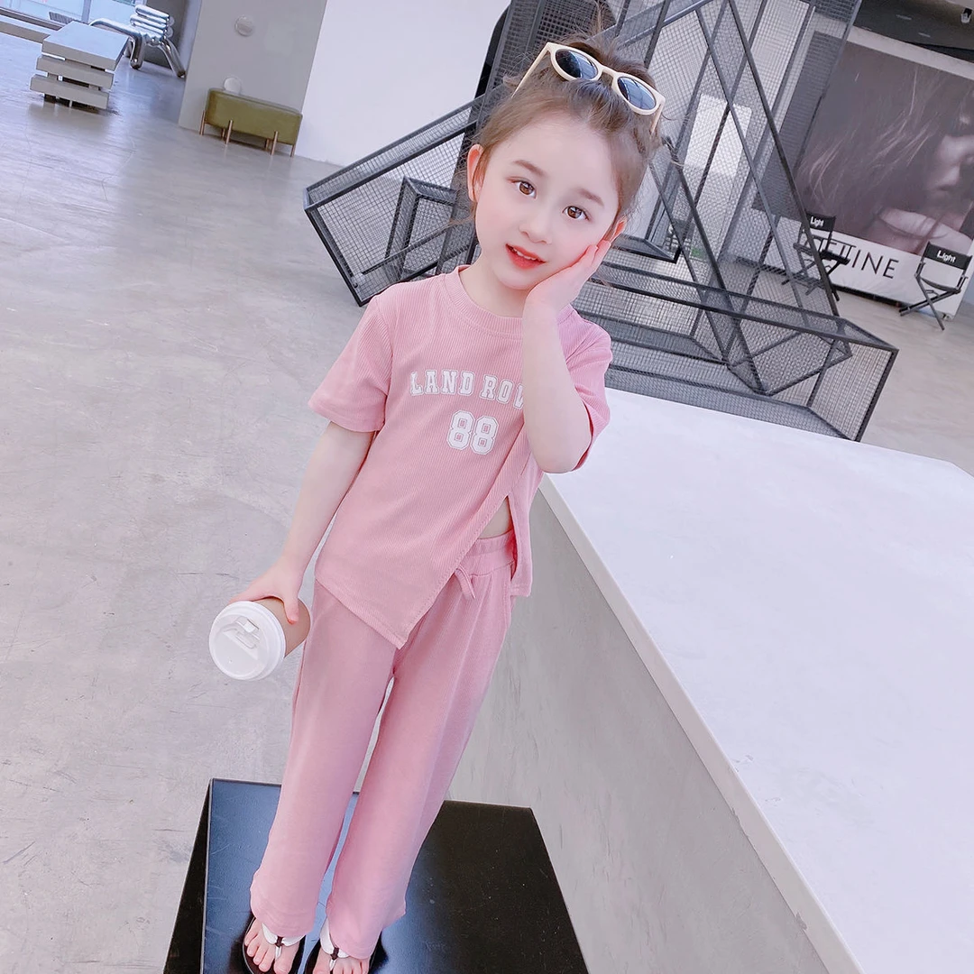 女童夏装韩系童装新款女宝宝洋气短袖上衣休闲喇叭裤时髦两件套装