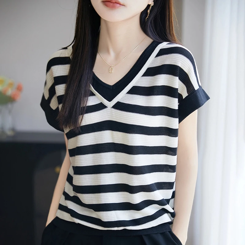 25夏季女宽松韩版上衣条纹薄款打底衫女复古小众炸街高级感女装