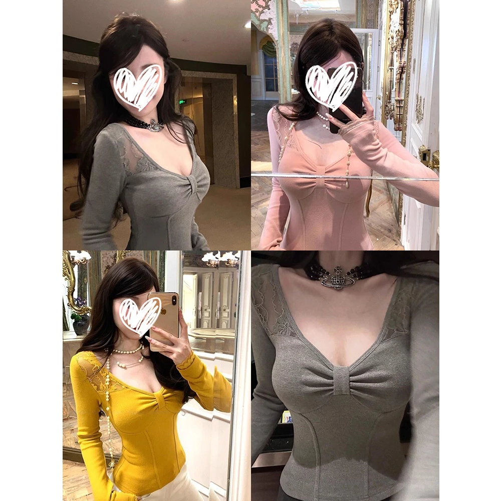 设计感收腰蕾丝拼接长袖T恤女2025秋冬季新款显瘦内搭打底衫上衣