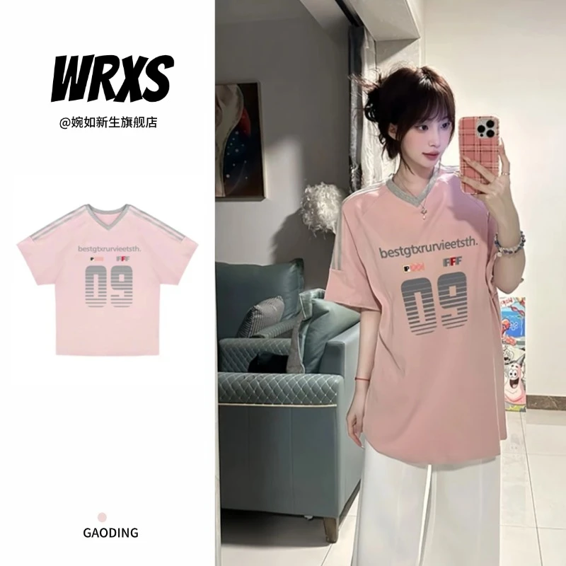 【婉如新生】少女感粉色拼接v领短袖t恤女夏季减龄ins别致宽松上衣