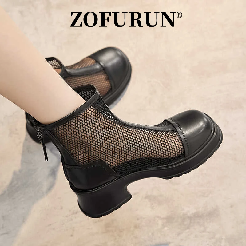 ZOFURUN高跟镂空马丁靴女夏季薄款时尚新款真皮厚底凉靴透气短靴