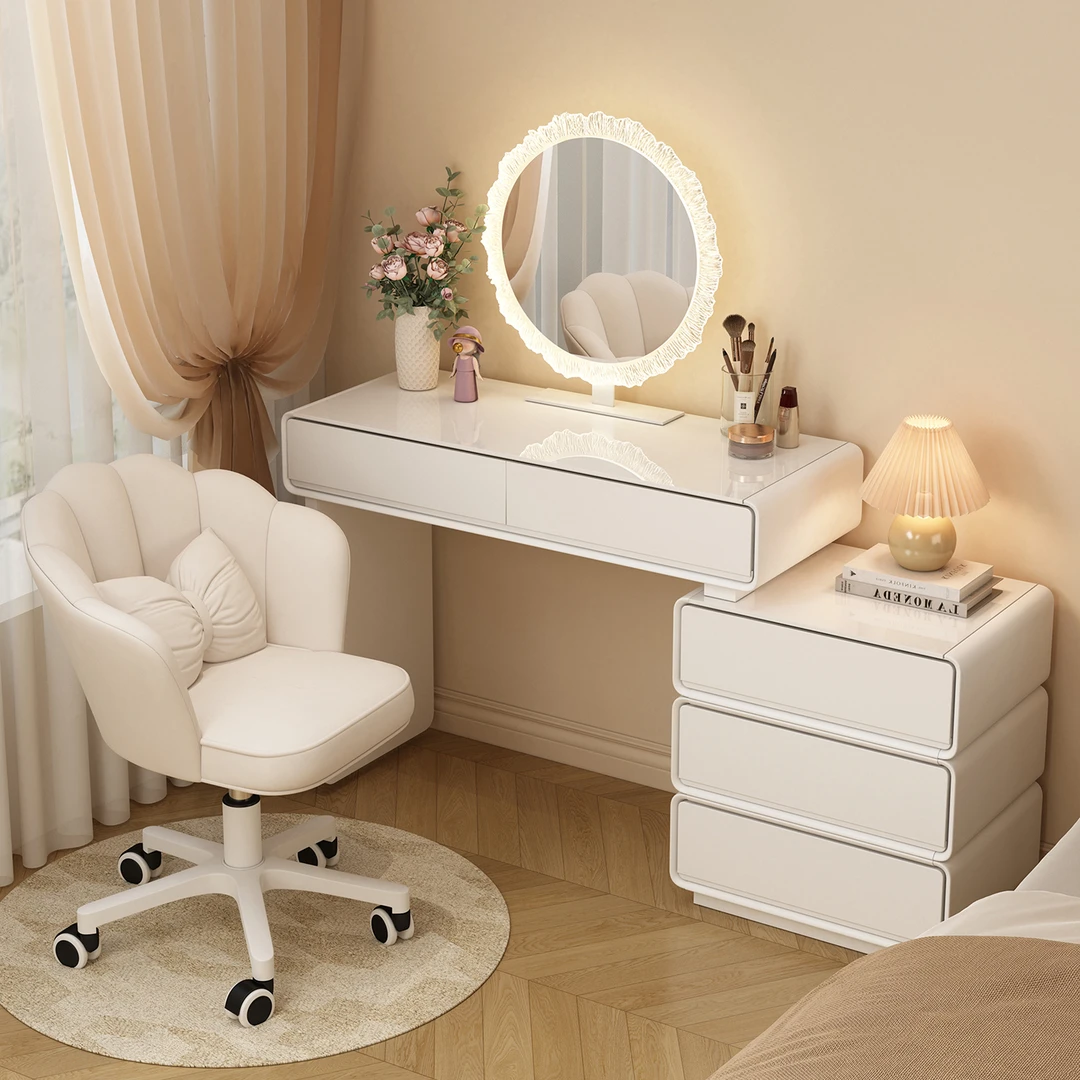 新款奶油风实木梳妆台斗柜一体卧室床尾收纳柜现代简约极简化妆桌