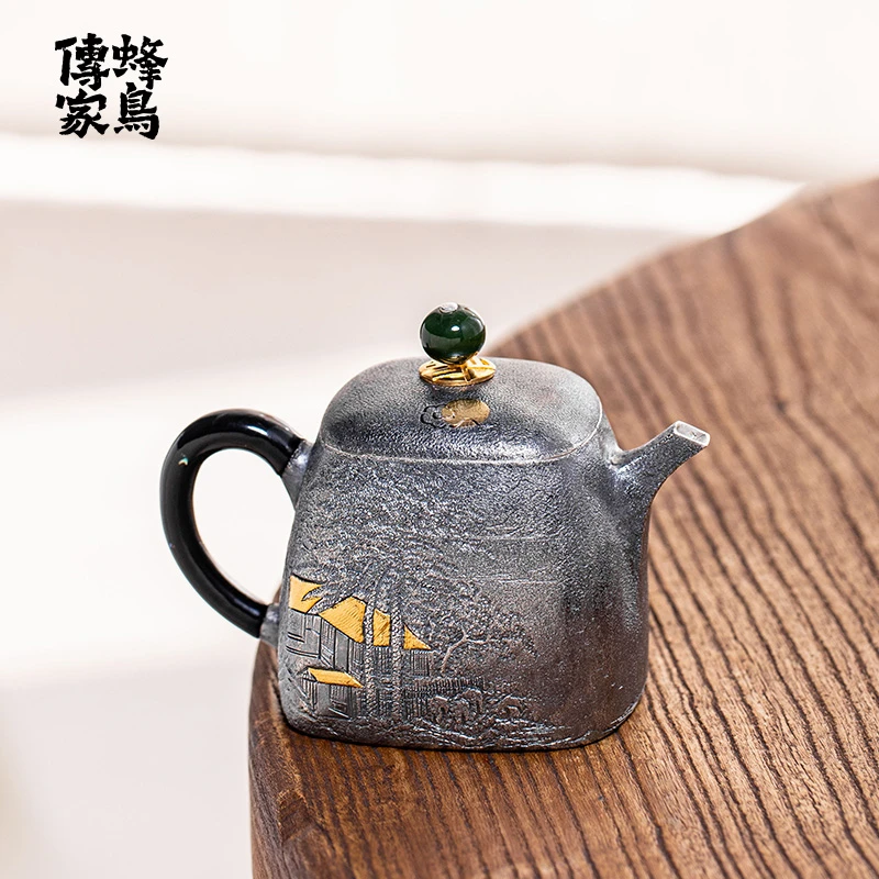 蜂鸟工坊 傳家 纯手工漆把麻纹錾刻金屋树四方泡茶壶 SWA18024