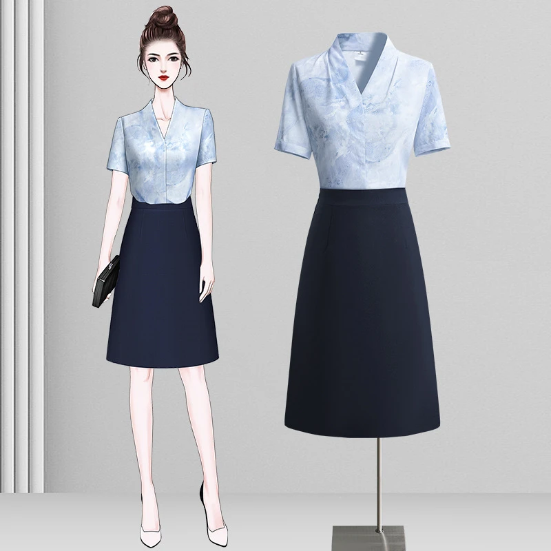 夏季短袖职业衬衫女气质时尚减龄正装上衣高级设计感印花百搭衬衣