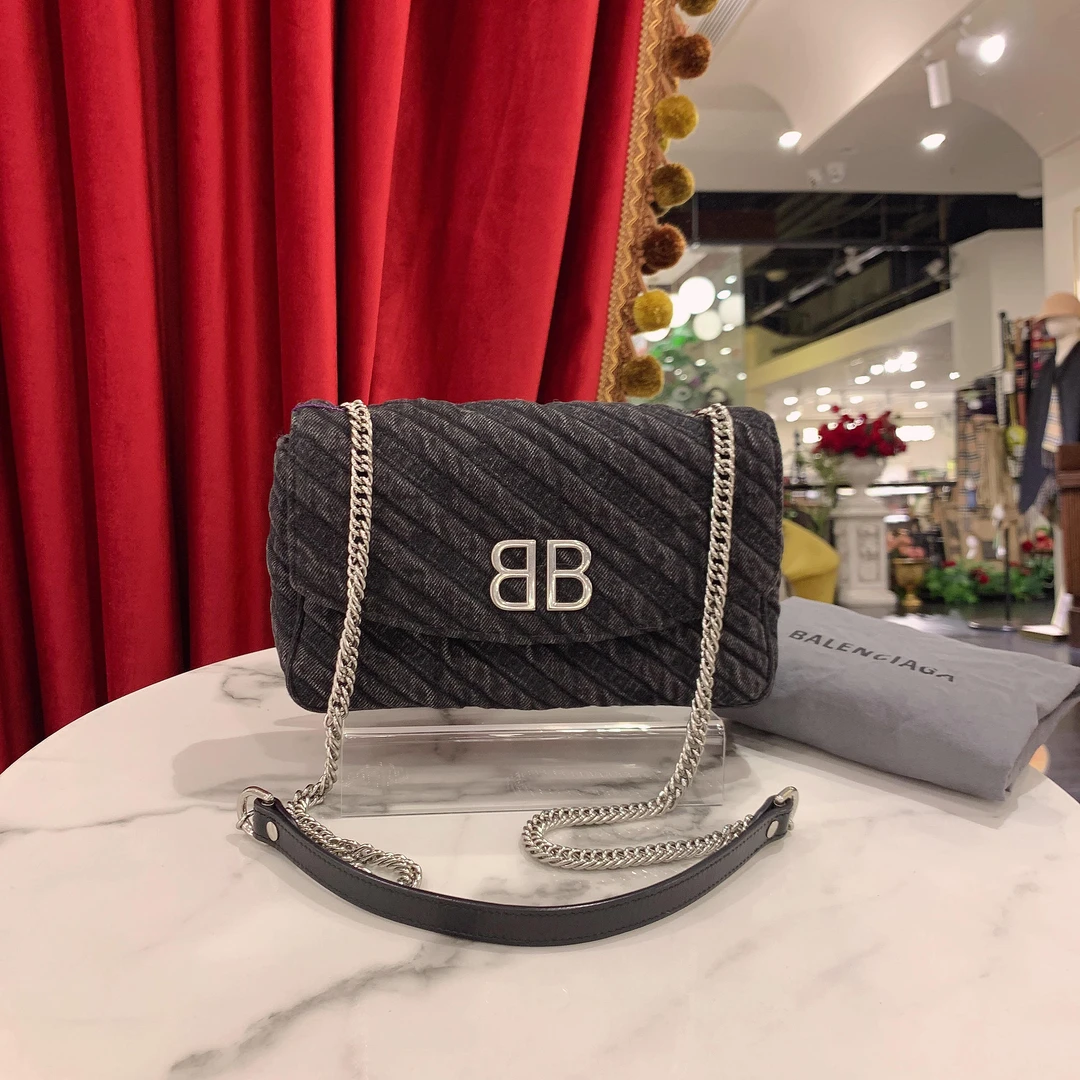 95新 Balenciaga/巴黎世家 GGSmonaca黑银牛仔丹宁单肩包23624175