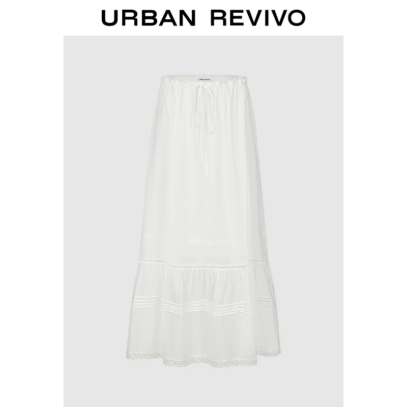 UR2025春季新款女装波嬉风拼接蕾丝花边抽绳半裙UYL550031