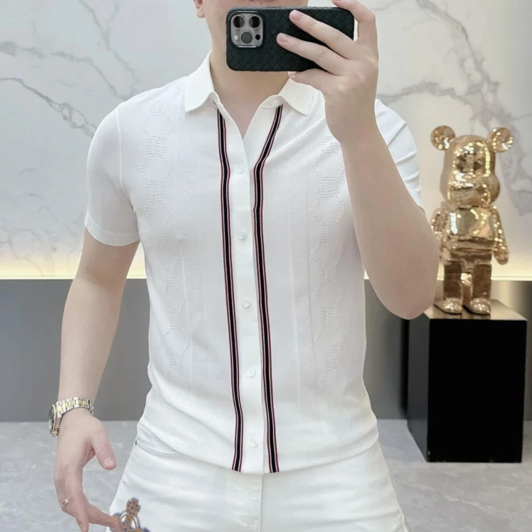 2025夏季新款潮牌网红冰丝针织短袖Polo衫男时尚休闲条纹翻领潮T