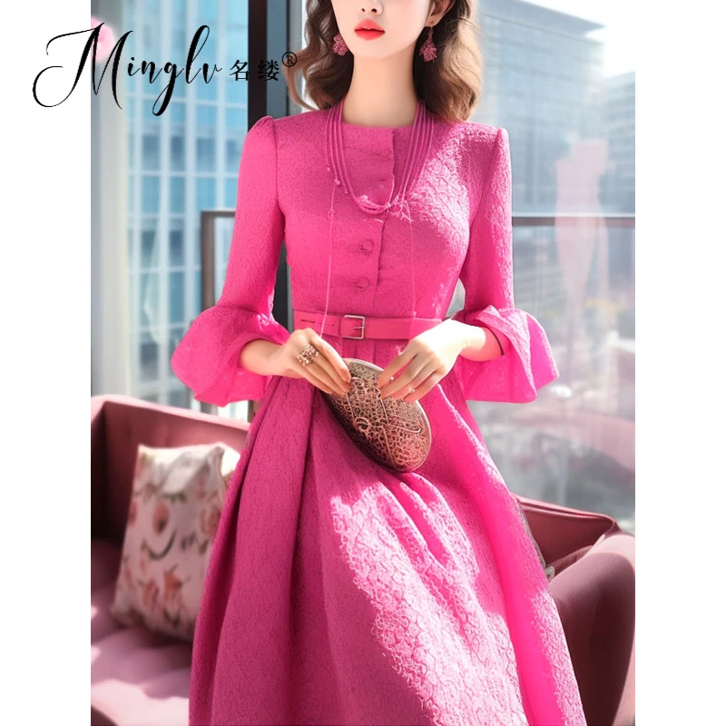 名缕女装时尚优雅绝美漂亮宴会气质粉色收腰大摆秋季长款连衣裙女