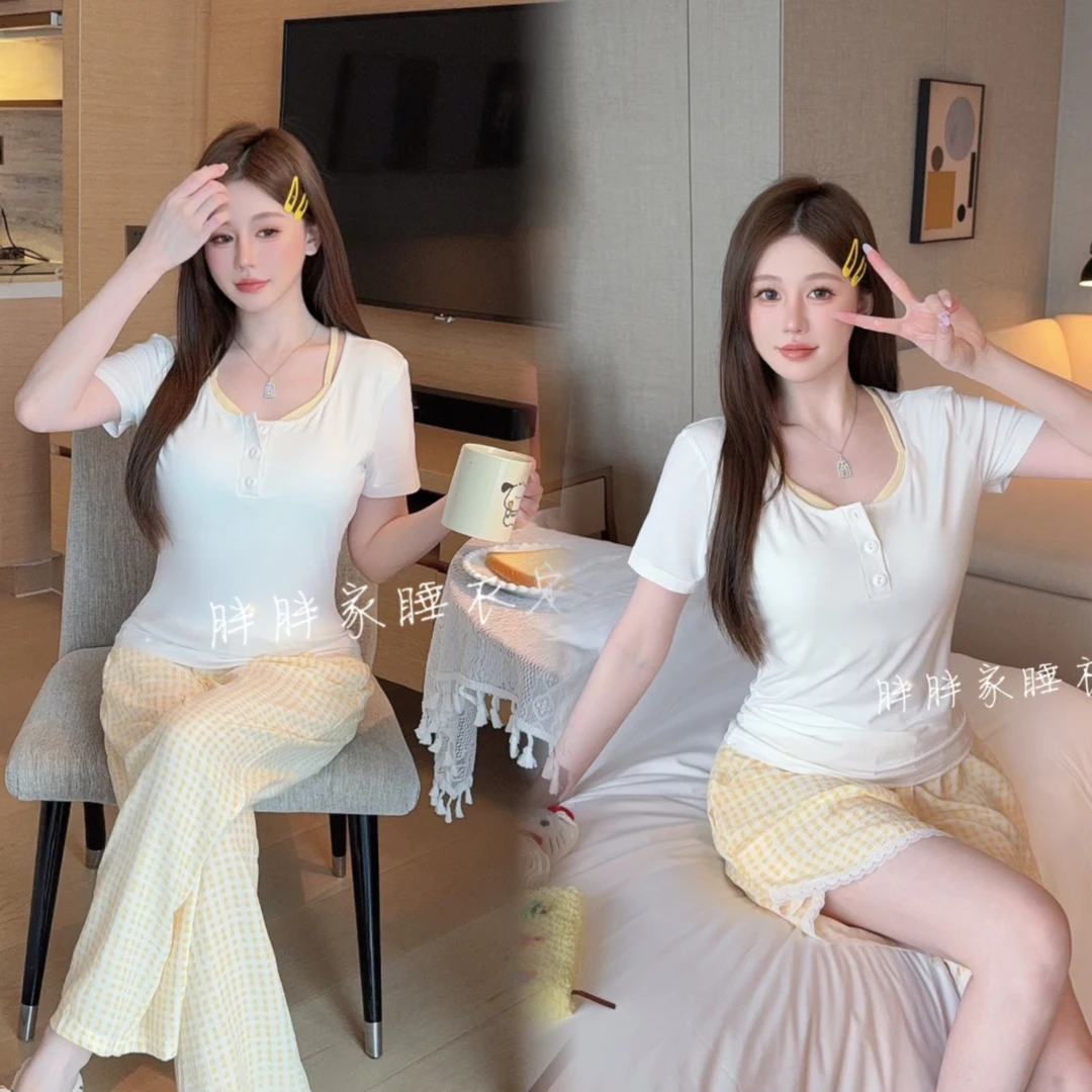 【蛋黄派】假两件短袖带胸垫睡衣女春夏季显瘦宽松甜美小清新代尔棉