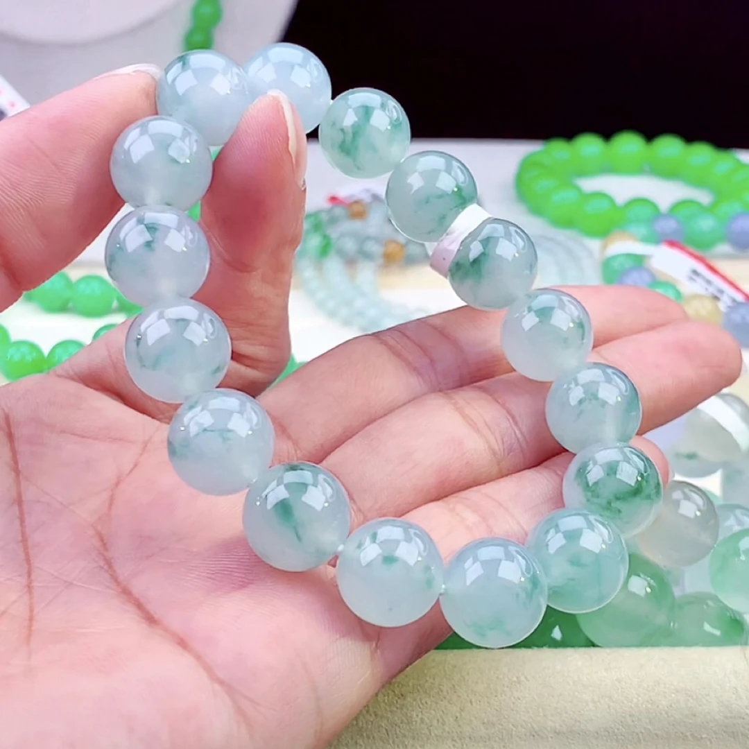 缅甸翡翠A货冰飘花圆珠翡翠手串卡12.6mm编号L84-52A6749