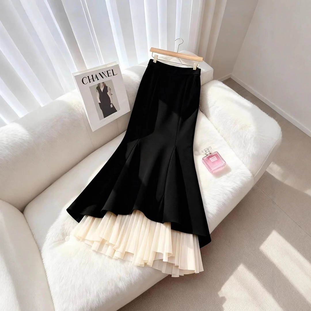 法式气质女神范高端精致黑色拼接鱼尾半身裙女2026年秋冬新款长裙
