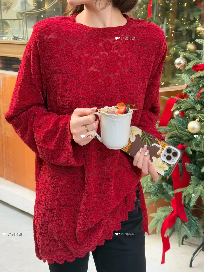 【椿娅】｛樱桃派｝韩系潮流时尚百搭小众色系气质植绒水溶蕾丝小衫