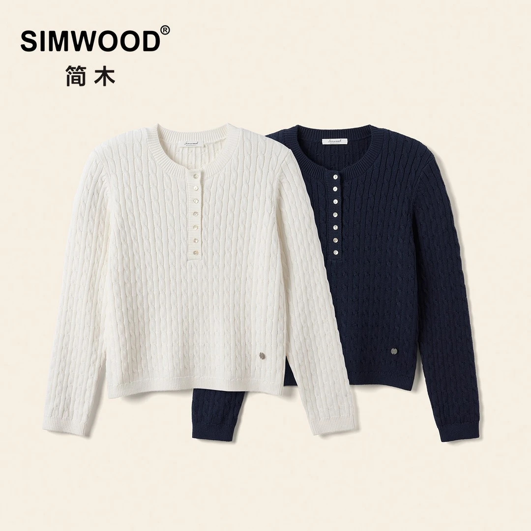 SIMWOOD/简木女装版型12针羊绒混纺扭花开门襟套头毛衣S12250632