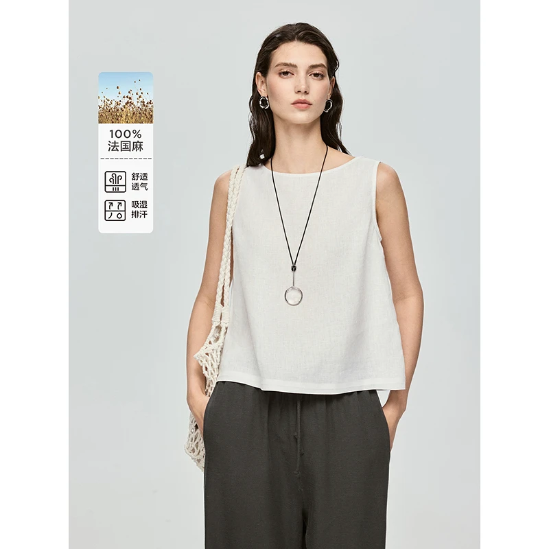 初棉全色【素裁恒心】法国亚麻圆领坎肩套头衬衫 363604048
