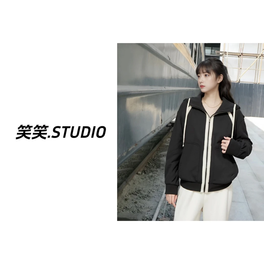 笑笑-【织带拼接外套】撞色洋气休闲连帽卫衣女秋冬季2024新款