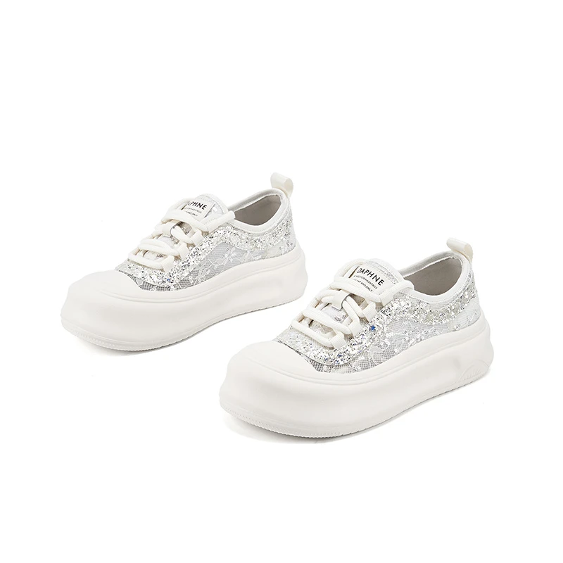 （AM）透气网面鞋女2025夏新款蕾丝厚底板鞋时尚圆头亮片休闲鞋