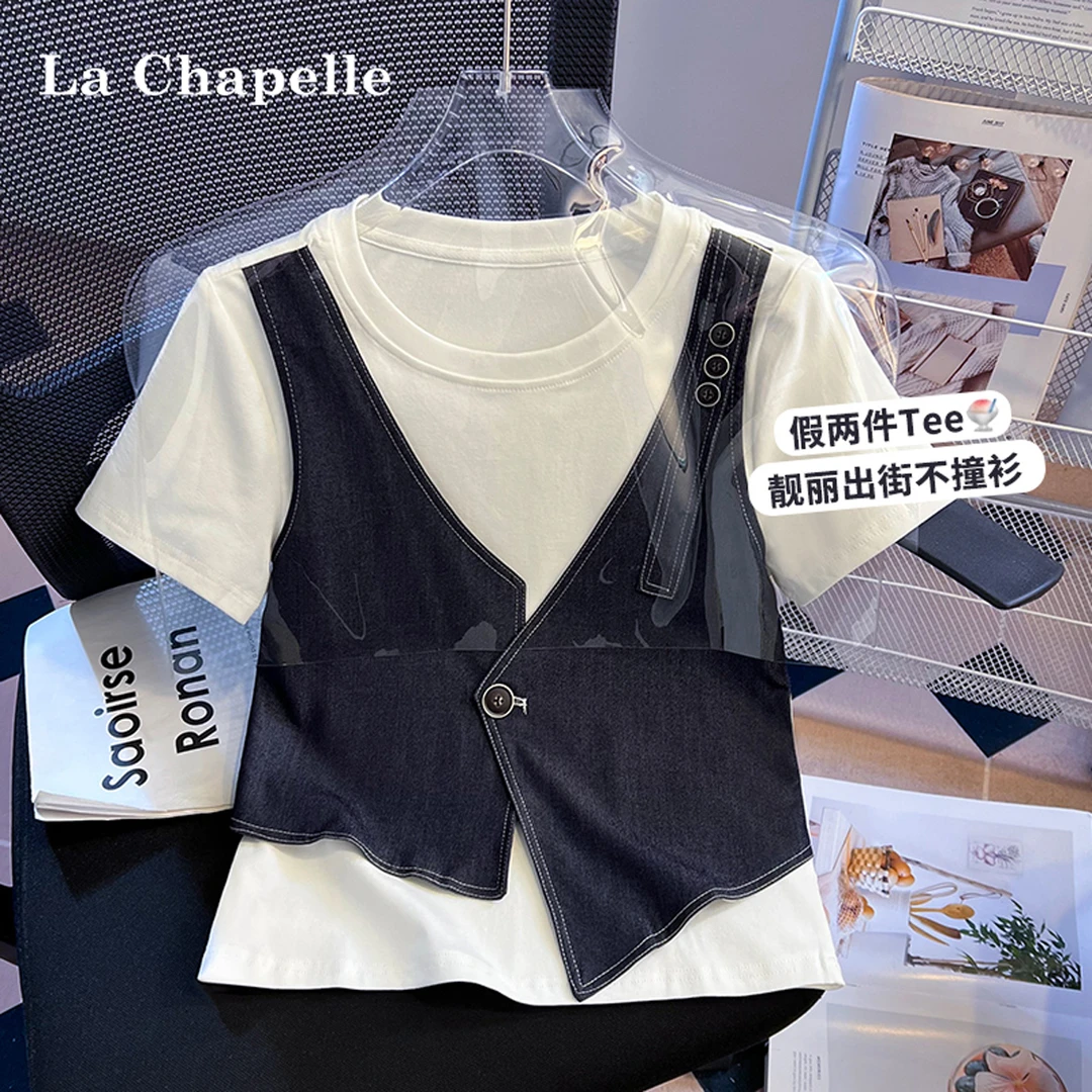 拉夏贝尔2025夏季牛仔拼接假两件时尚轻奢圆领复古港风短袖T恤女