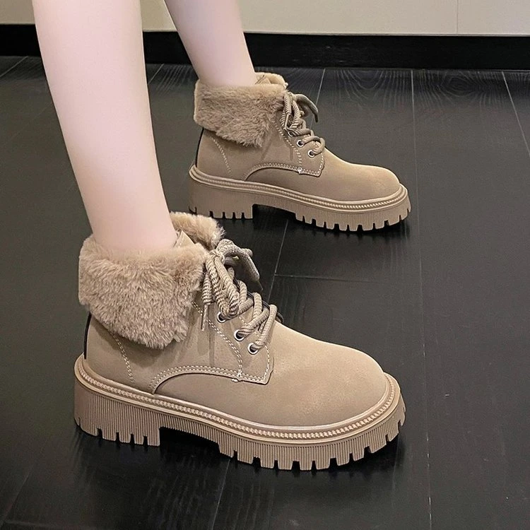 加绒系带马丁靴女款2025冬天加绒加厚棉鞋百搭耐磨厚底马丁靴棉鞋