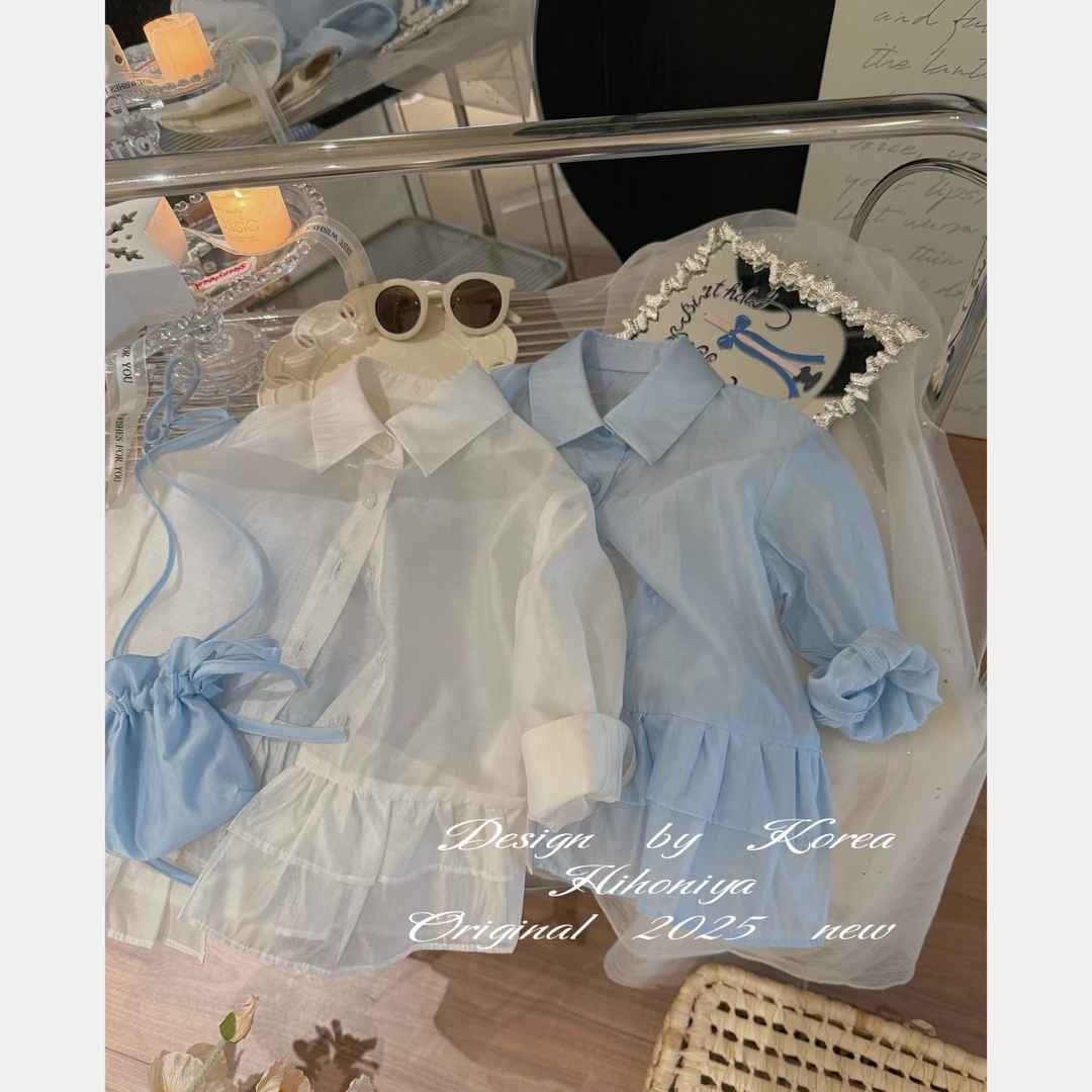 【奶盐牛乳】三Hihoniya~2025年夏季欧若风亲子纯色荷叶边长袖衬衫