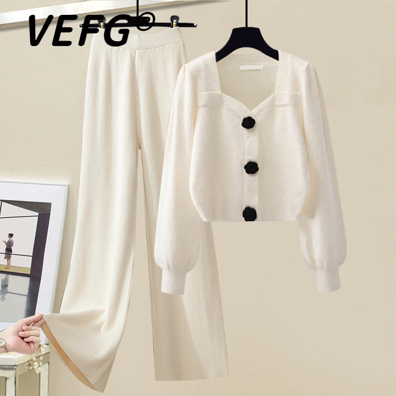 VEFG茶系穿搭一整套秋装甜美短款方领套头针织衫针织阔腿裤两件套