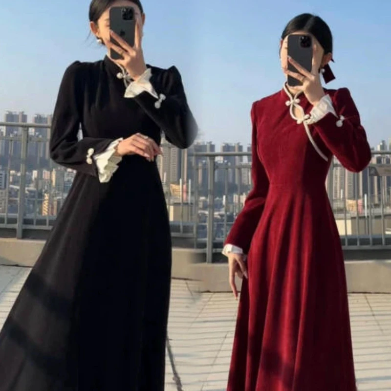 新中式高级感连衣裙国风收腰气质小黑裙复古订婚敬酒宴会红裙子