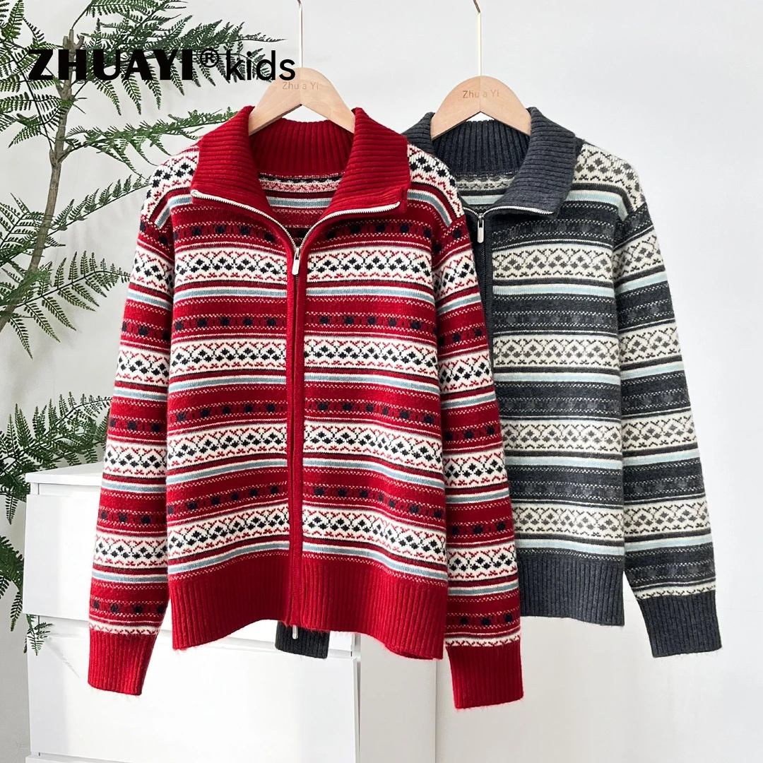女童洋气条纹提花高领拉链针织开衫新年百搭毛衣外套（25405372）1