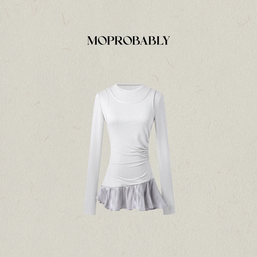 Moprobably李予诺「银霜」时尚个性拼接假两件长袖上衣T恤L5247034